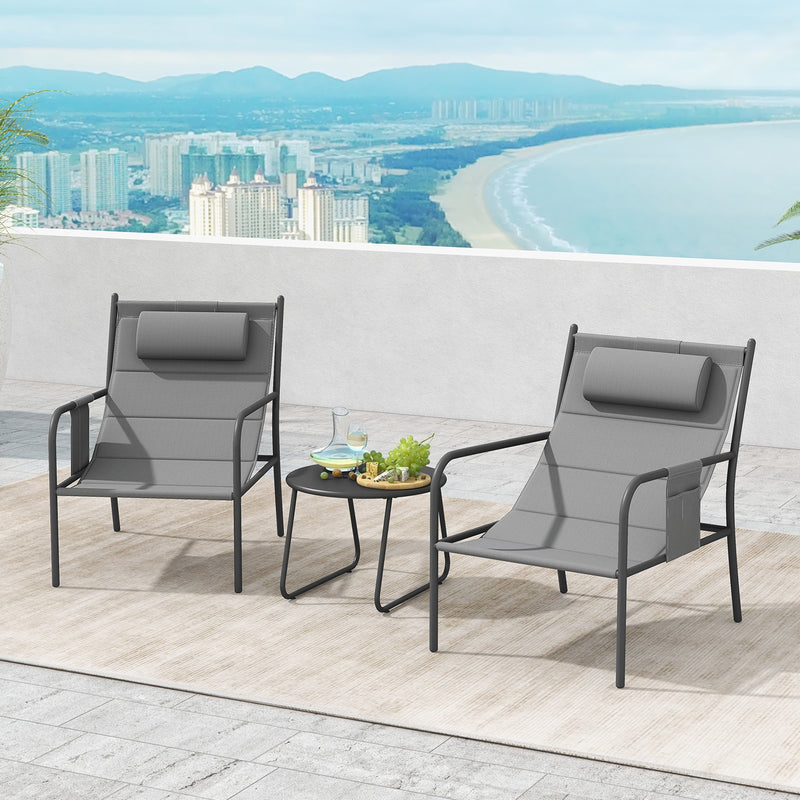 3 Piece Outdoor Bistro Set Patio Metal Chair and Coffee Table Set-Gray