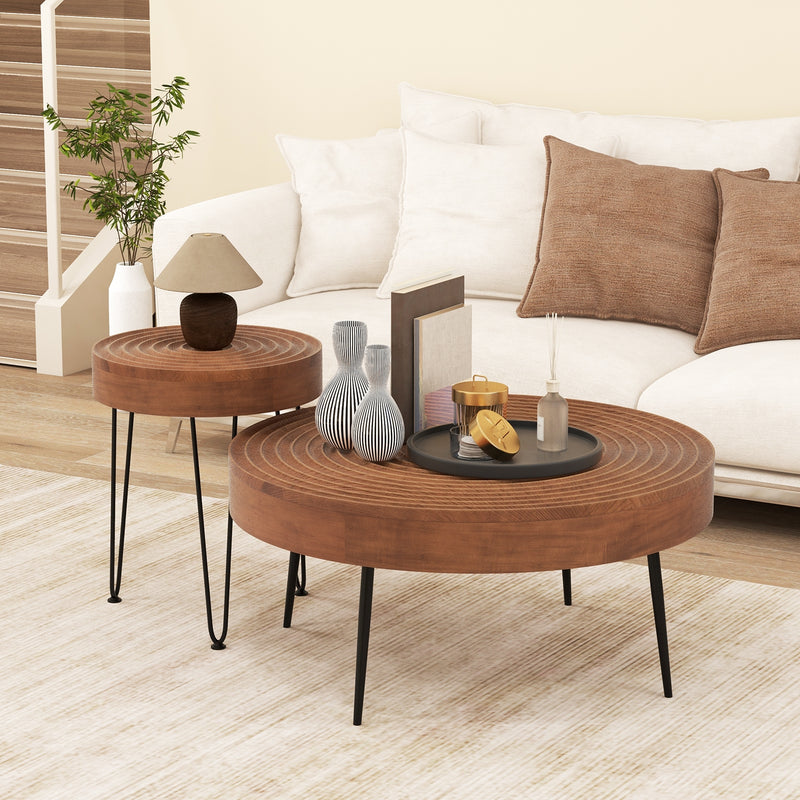 Set of 2 Solid Wood Ring Pattern Farmhouse Round Coffee Tables-Brown