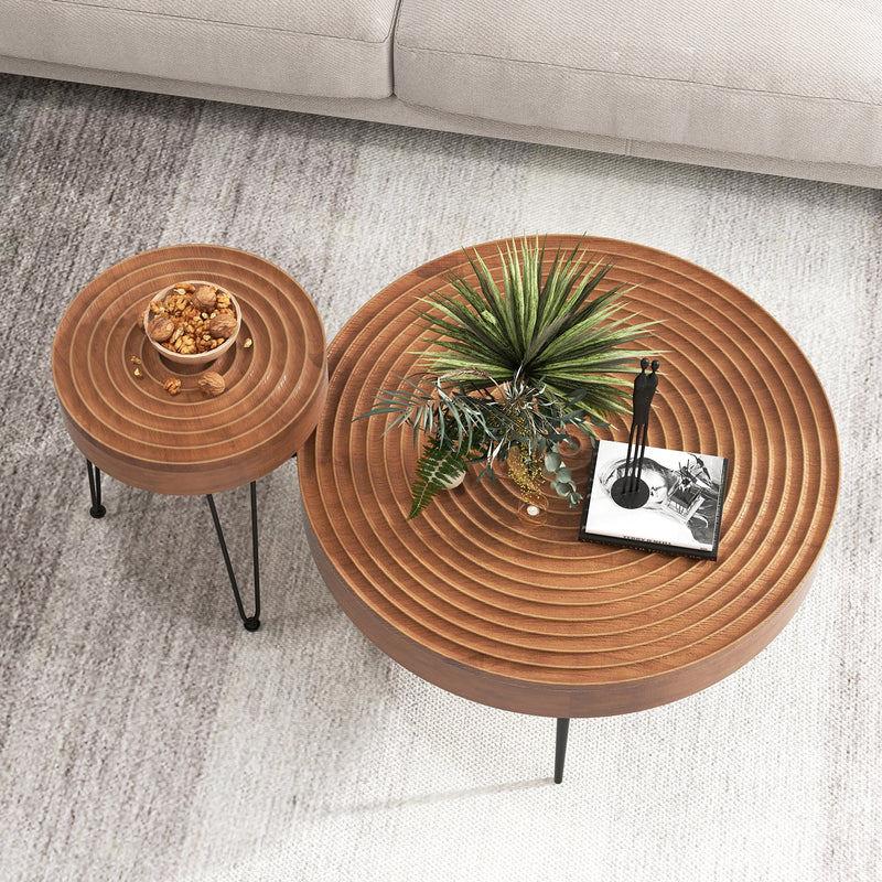 Set of 2 Solid Wood Ring Pattern Farmhouse Round Coffee Tables-Brown