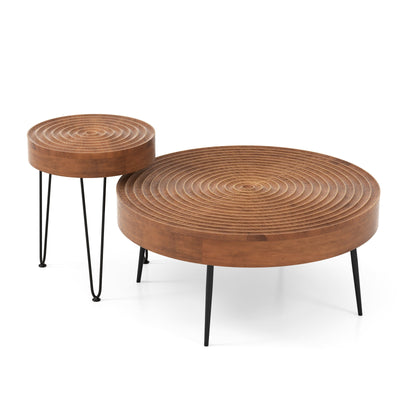 Set of 2 Solid Wood Ring Pattern Farmhouse Round Coffee Tables-Brown