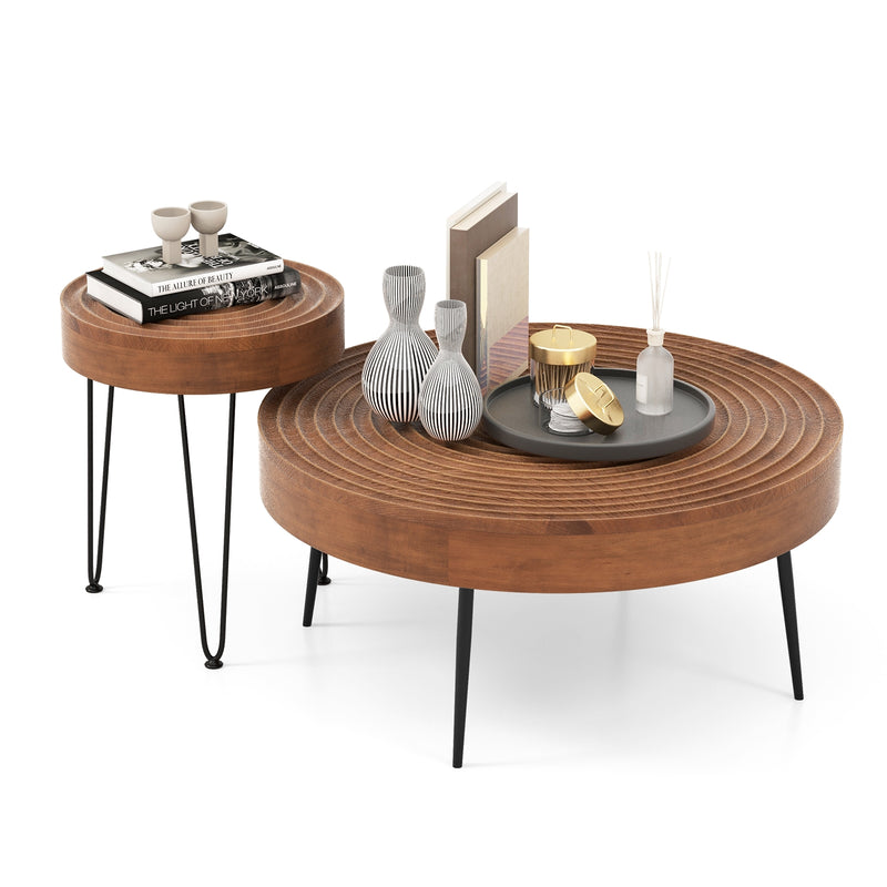 Set of 2 Solid Wood Ring Pattern Farmhouse Round Coffee Tables-Brown