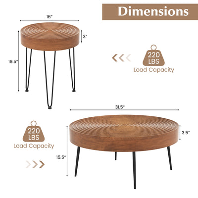 Set of 2 Solid Wood Ring Pattern Farmhouse Round Coffee Tables-Brown