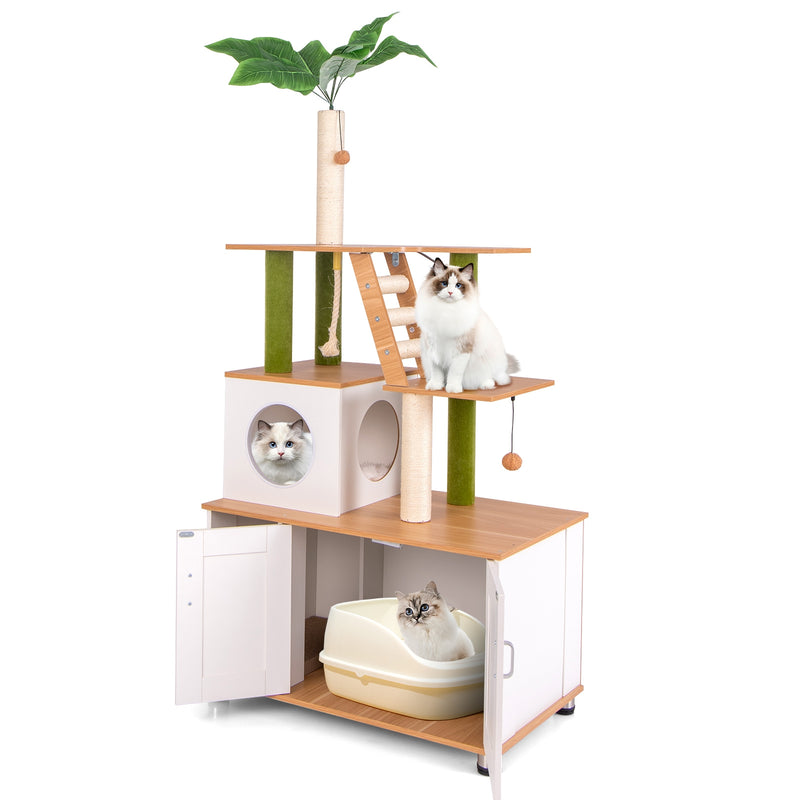 Hidden Cat Washroom with Cat Tower for Indoor Cats-White