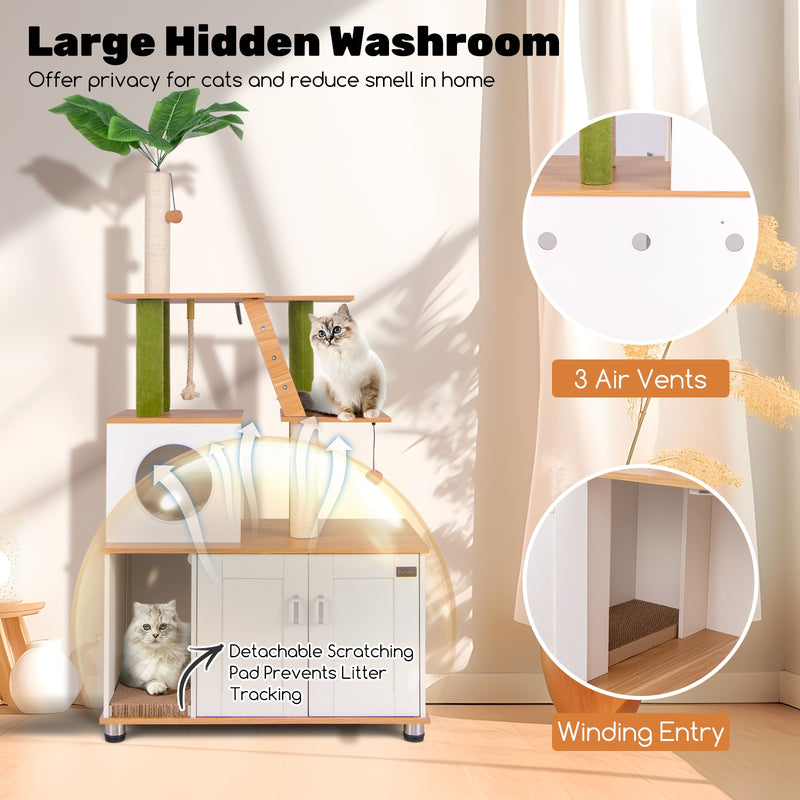 Hidden Cat Washroom with Cat Tower for Indoor Cats-White