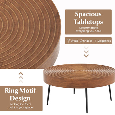 Set of 2 Solid Wood Ring Pattern Farmhouse Round Coffee Tables-Brown