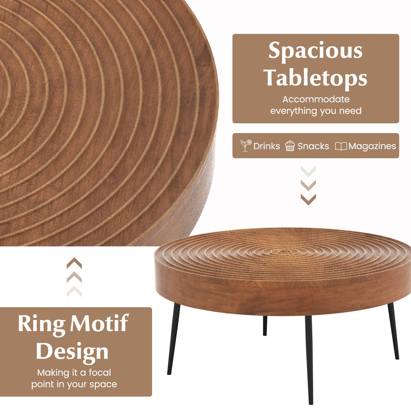 Set of 2 Solid Wood Ring Pattern Farmhouse Round Coffee Tables-Brown