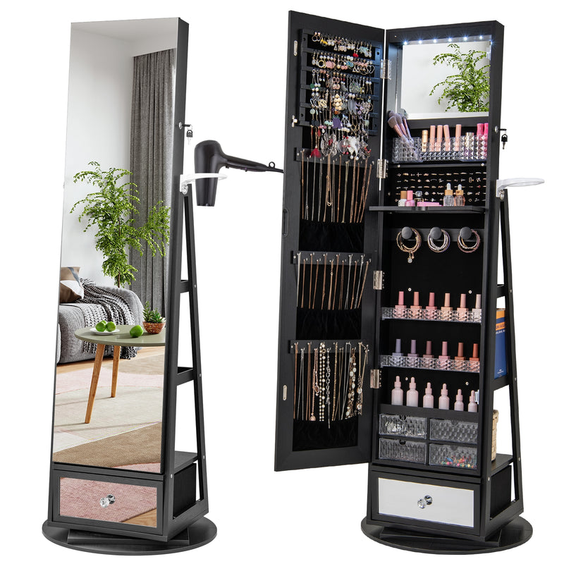 Lockable 360° Swivel Jewelry Cabinet with Full-Length Mirror LED Lights-Black