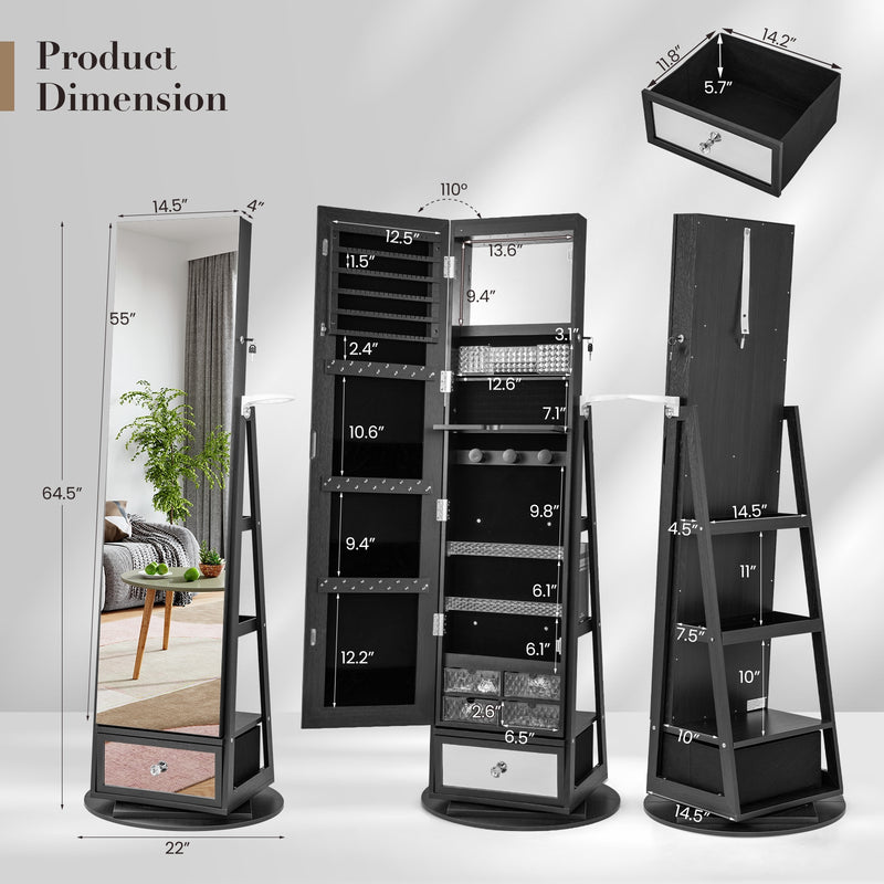 Lockable 360° Swivel Jewelry Cabinet with Full-Length Mirror LED Lights-Black