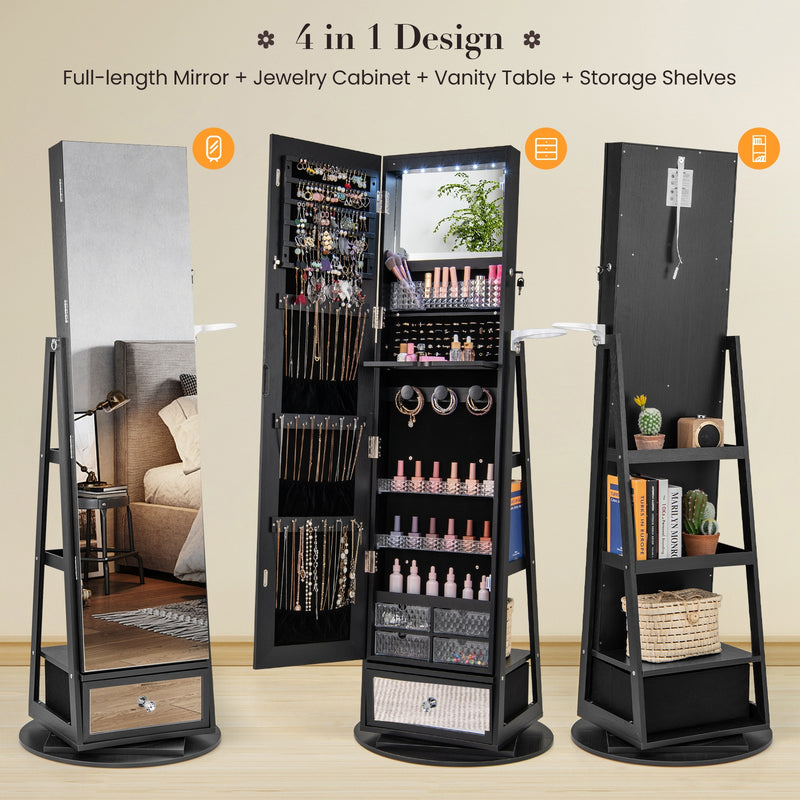 Lockable 360° Swivel Jewelry Cabinet with Full-Length Mirror LED Lights-Black