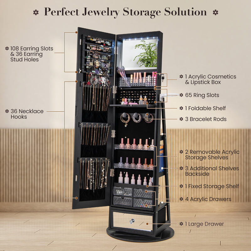 Lockable 360° Swivel Jewelry Cabinet with Full-Length Mirror LED Lights-Black