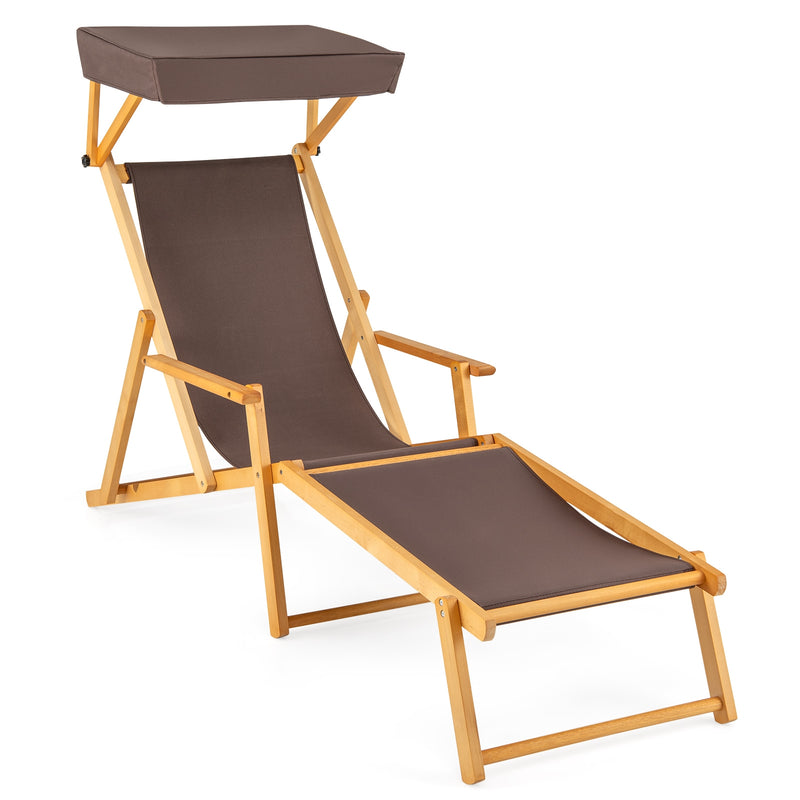 Birch Wood Chaise Lounge Chair Foldable Beach Chair with Adjustable Canopy-Brown