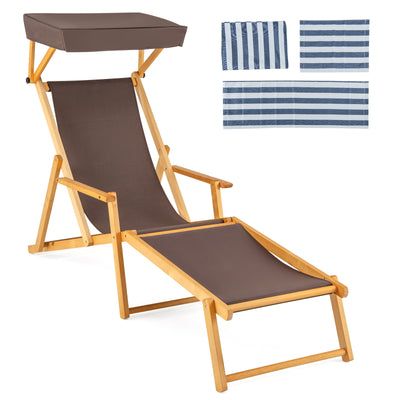 Birch Wood Chaise Lounge Chair Foldable Beach Chair with Adjustable Canopy-Brown