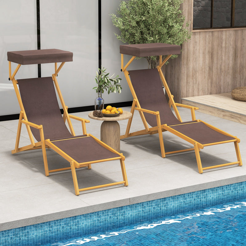 Birch Wood Chaise Lounge Chair Foldable Beach Chair with Adjustable Canopy-Brown