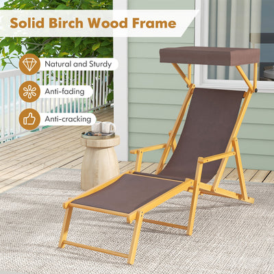 Birch Wood Chaise Lounge Chair Foldable Beach Chair with Adjustable Canopy-Brown