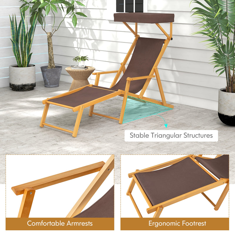 Birch Wood Chaise Lounge Chair Foldable Beach Chair with Adjustable Canopy-Brown