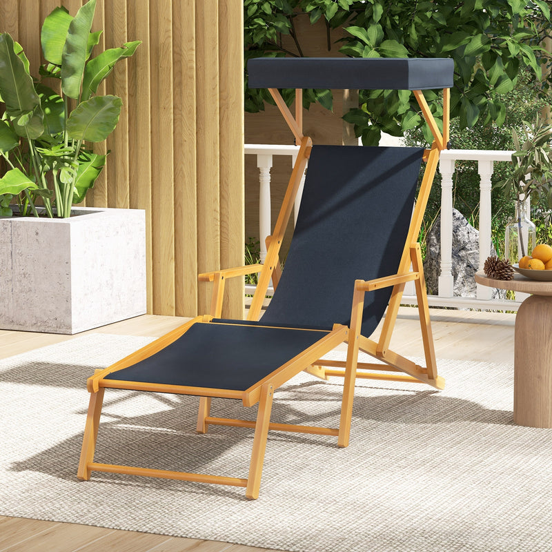 Birch Wood Chaise Lounge Chair Foldable Beach Chair with Adjustable Canopy-Navy