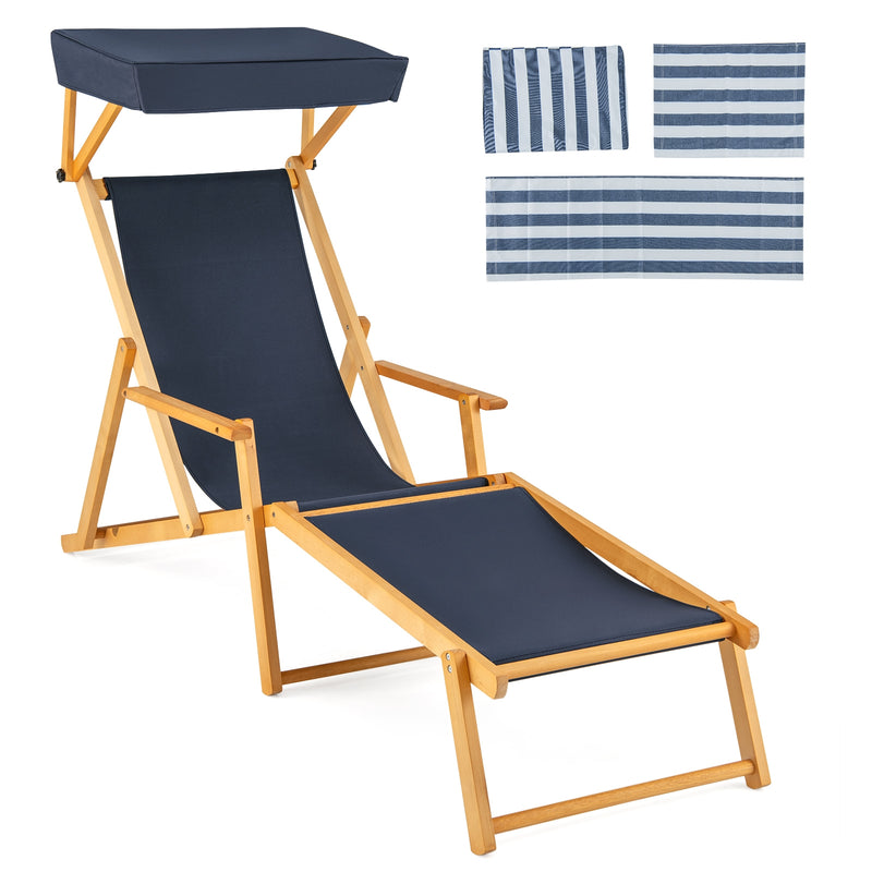 Birch Wood Chaise Lounge Chair Foldable Beach Chair with Adjustable Canopy-Navy