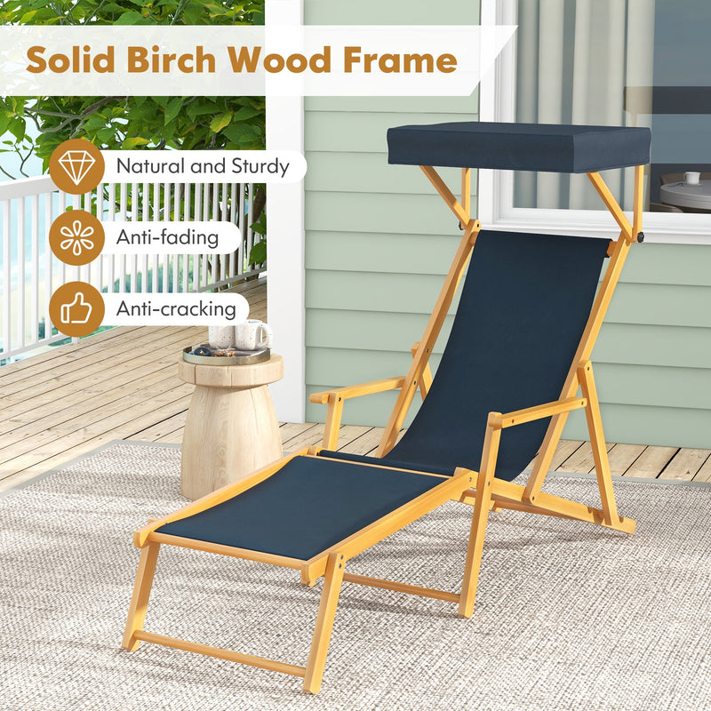 Birch Wood Chaise Lounge Chair Foldable Beach Chair with Adjustable Canopy-Navy