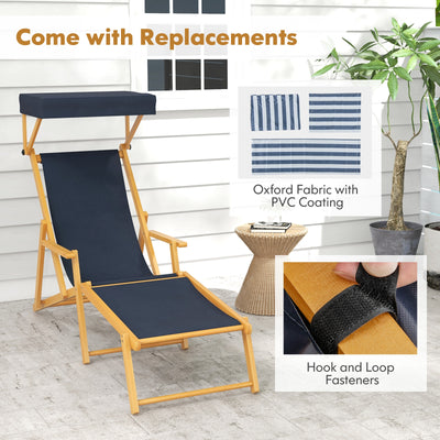 Birch Wood Chaise Lounge Chair Foldable Beach Chair with Adjustable Canopy-Navy