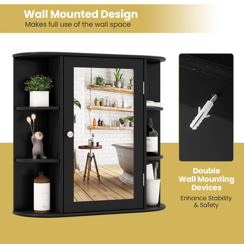 Wall-Mounted Bathroom Mirror Cabinet with Storage Shelves-Black