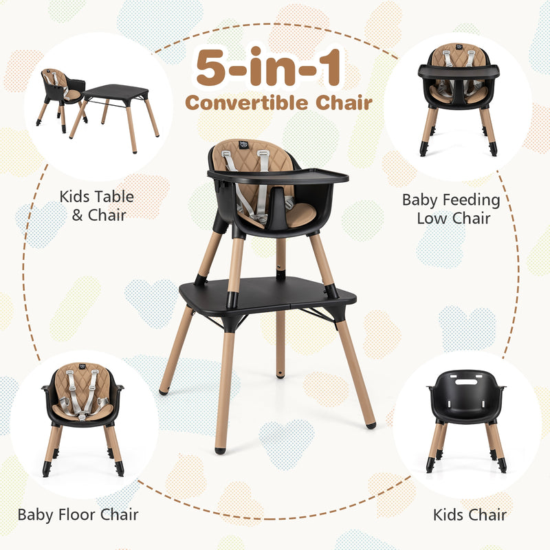 4-in-1 Baby Convertible Toddler Table Chair Set with PU Cushion-Brown