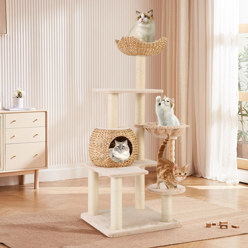 5-Layer Climbing Cat Tree with Sisal Scratching Posts and Washable Cushions-Beige