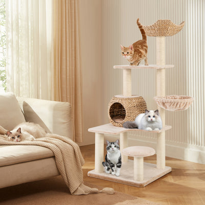 5-Layer Climbing Cat Tree with Sisal Scratching Posts and Washable Cushions-Beige