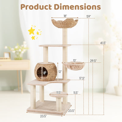 5-Layer Climbing Cat Tree with Sisal Scratching Posts and Washable Cushions-Beige