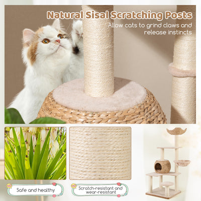 5-Layer Climbing Cat Tree with Sisal Scratching Posts and Washable Cushions-Beige