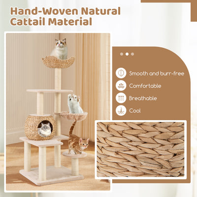 5-Layer Climbing Cat Tree with Sisal Scratching Posts and Washable Cushions-Beige