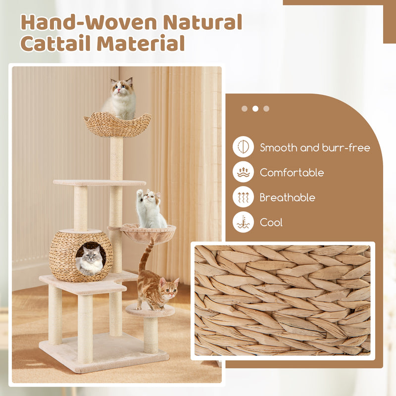 5-Layer Climbing Cat Tree with Sisal Scratching Posts and Washable Cushions-Beige