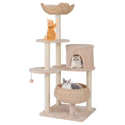 59 Inches Cattail Cat Tower with Sisal Scratching Posts and Soft Hammock-Beige