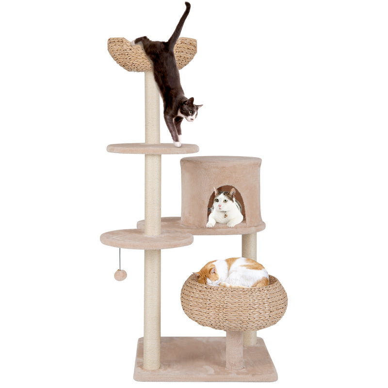 59 Inches Cattail Cat Tower with Sisal Scratching Posts and Soft Hammock-Beige