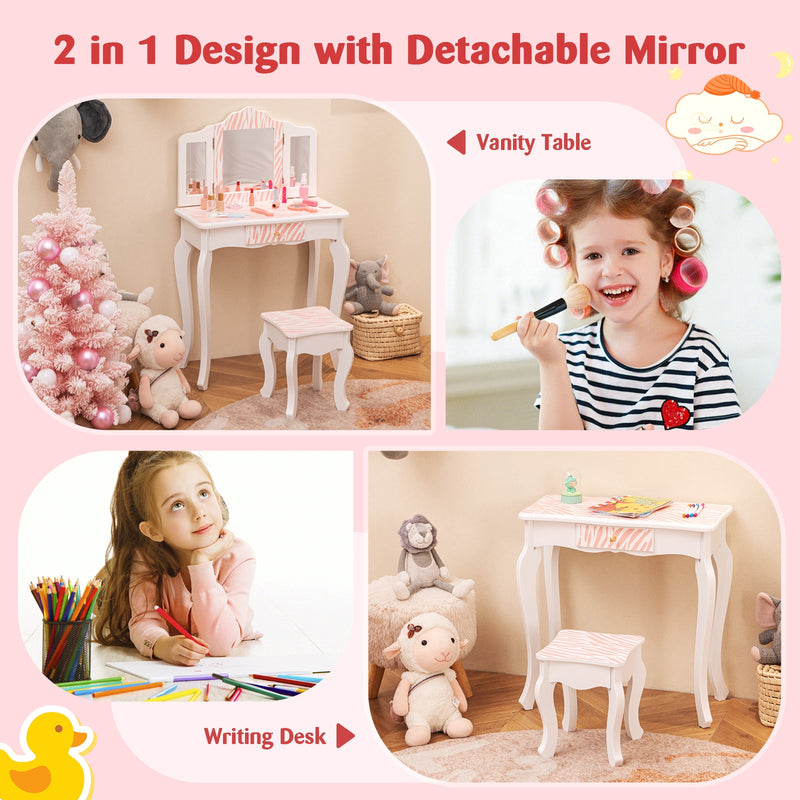 Kids Vanity Set with Drawer and 3 Makeup Accessories-Pink