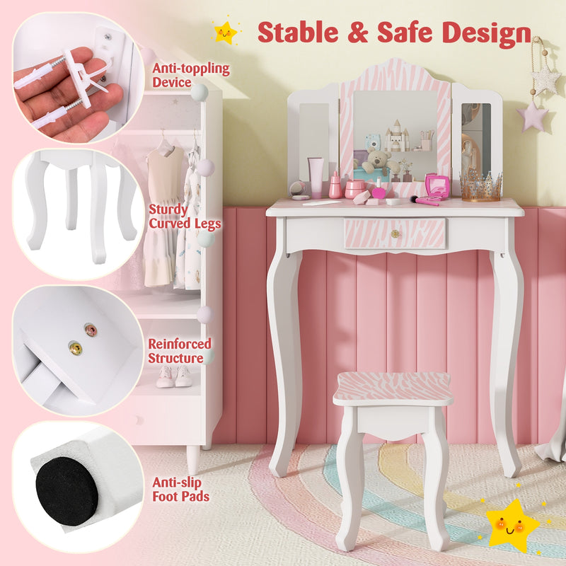 Kids Vanity Set with Drawer and 3 Makeup Accessories-Pink