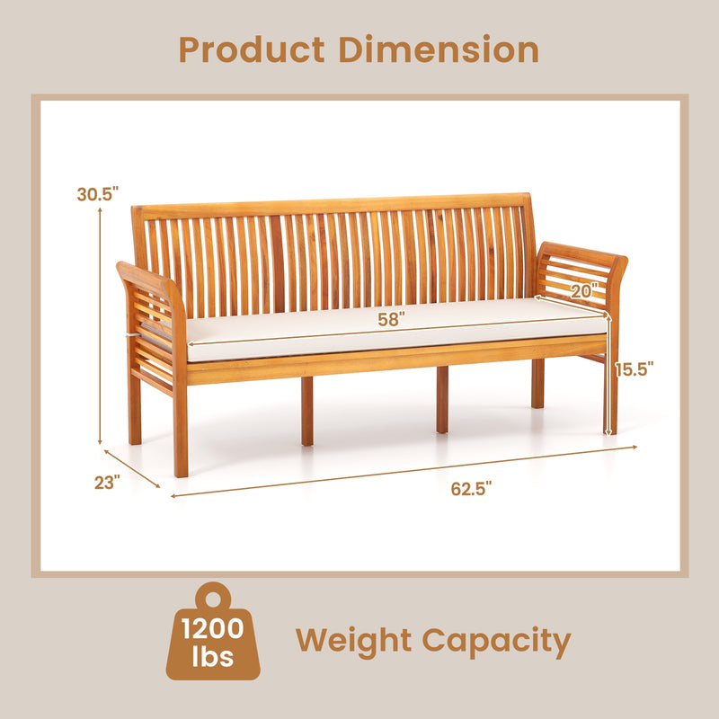 62.5 Inches Patio 3-Seat Wood Bench with Soft Seat Cushions-White