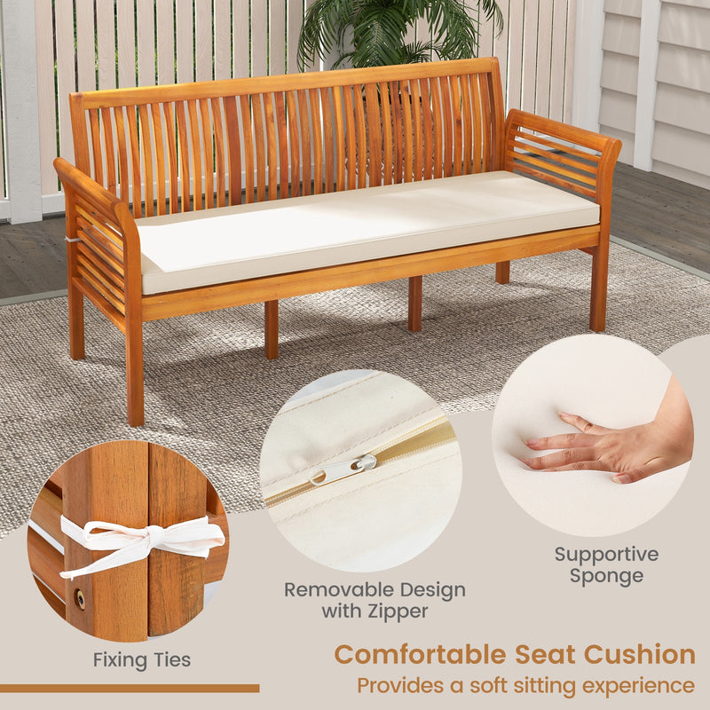 62.5 Inches Patio 3-Seat Wood Bench with Soft Seat Cushions-White