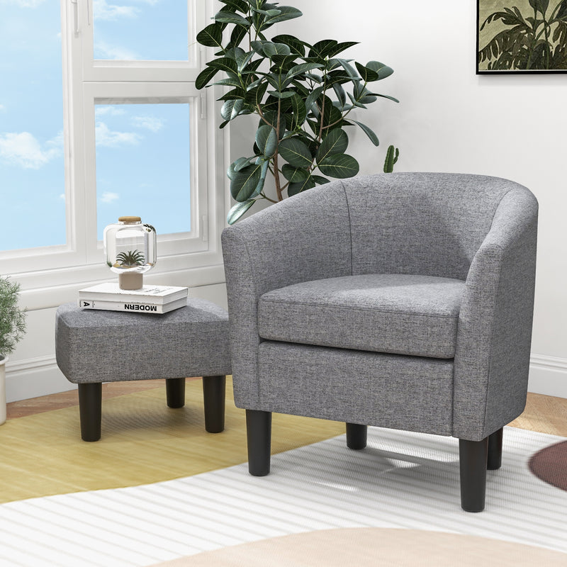 Barrel Club Chair with Ottoman Set Linen Fabric Accent Chair with Footrest-Gray