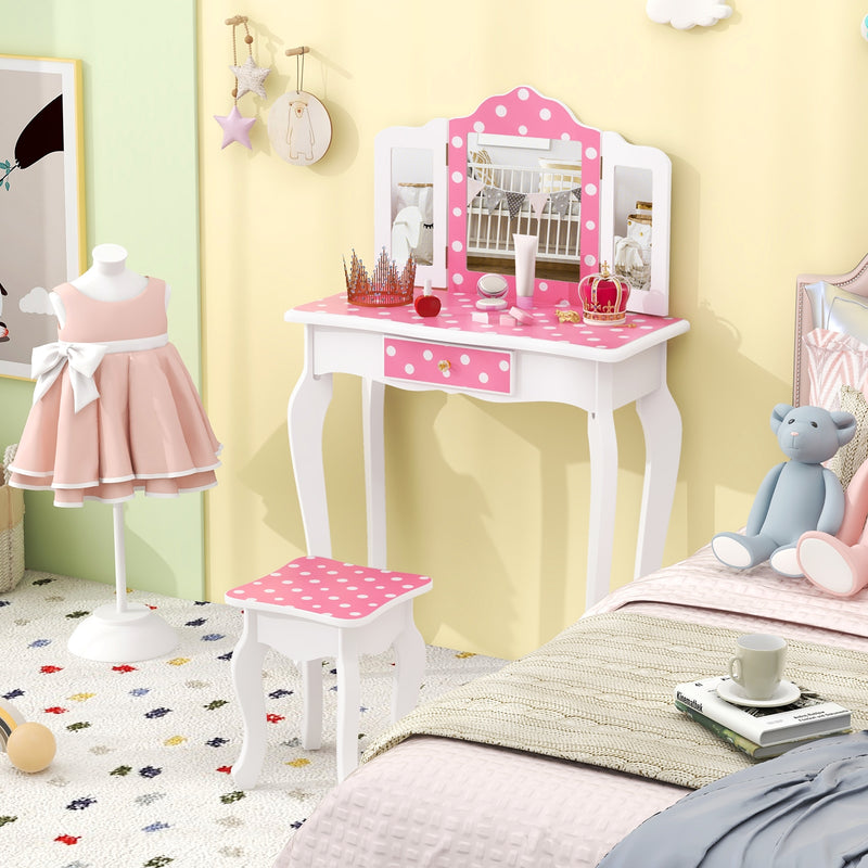 Princess Pretend Play Makeup Dressing Table with Cute Polka Dot Print-Pink