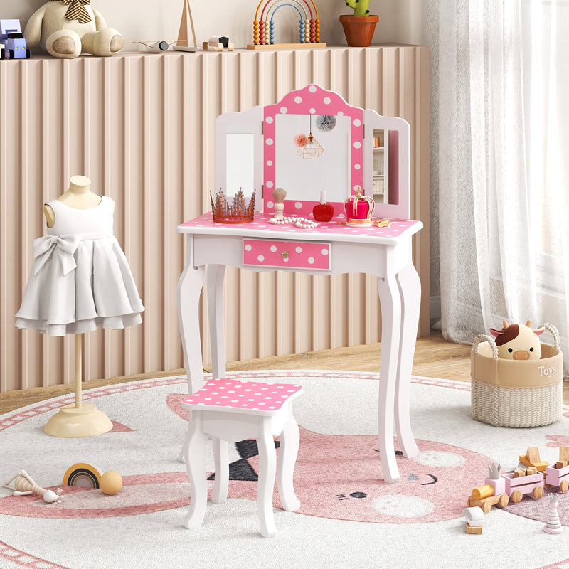 Princess Pretend Play Makeup Dressing Table with Cute Polka Dot Print-Pink