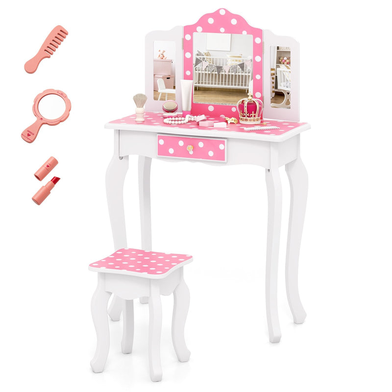 Princess Pretend Play Makeup Dressing Table with Cute Polka Dot Print-Pink