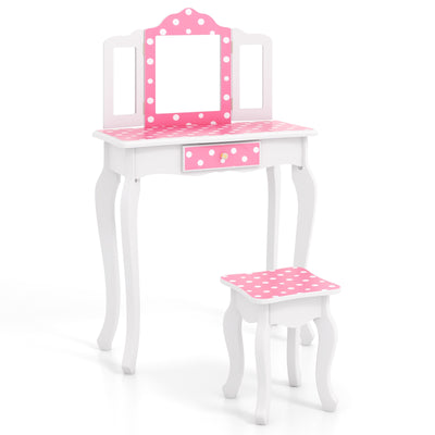 Princess Pretend Play Makeup Dressing Table with Cute Polka Dot Print-Pink