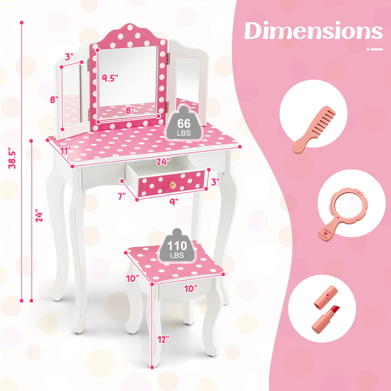 Princess Pretend Play Makeup Dressing Table with Cute Polka Dot Print-Pink