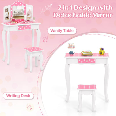 Princess Pretend Play Makeup Dressing Table with Cute Polka Dot Print-Pink