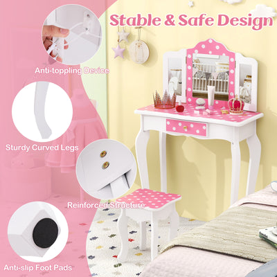 Princess Pretend Play Makeup Dressing Table with Cute Polka Dot Print-Pink