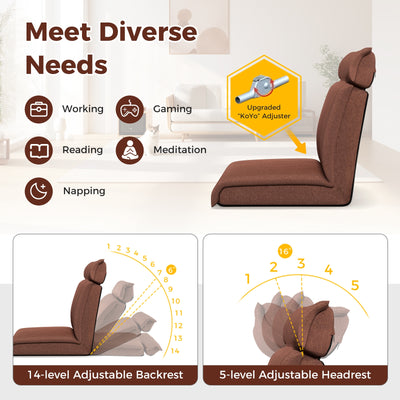 Folding Floor Chair with 14-Poistion Adjustable Backrest and 5-Position Adjustable Headrest-Brown