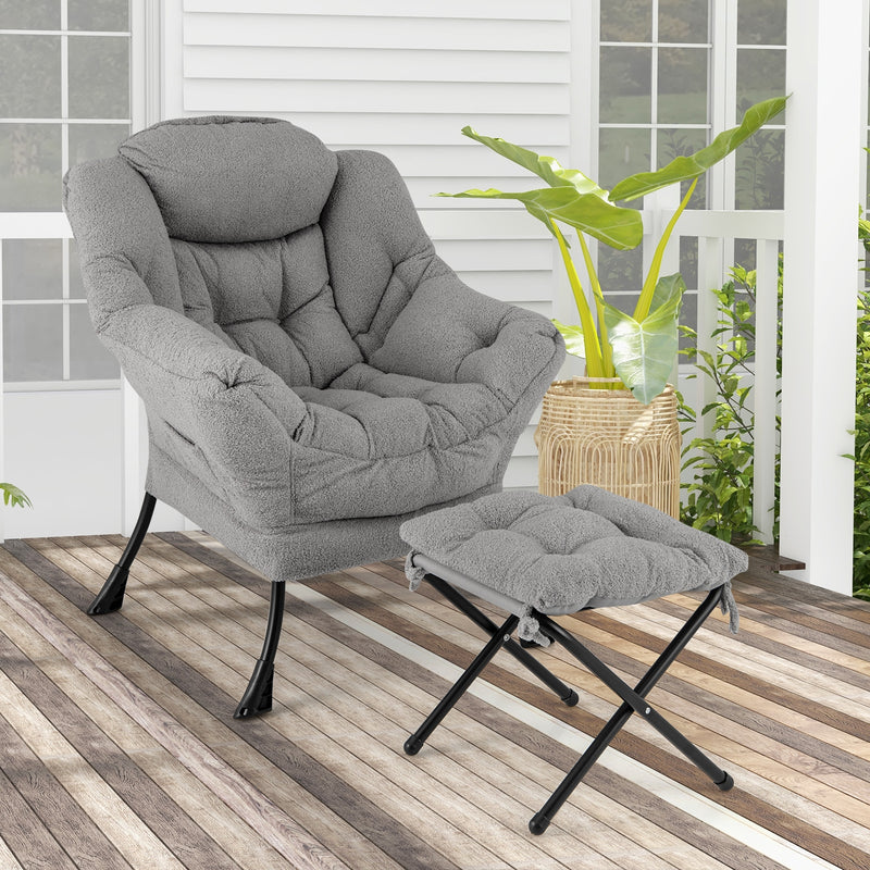 Modern Accent Chair with Folding Footrest and Head Pillow-Gray