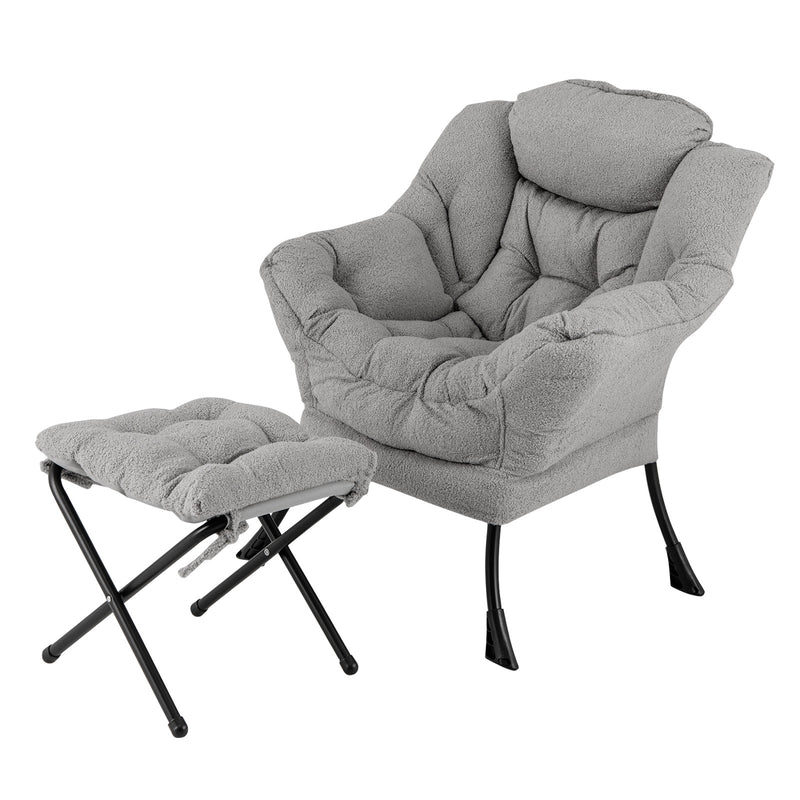 Modern Accent Chair with Folding Footrest and Head Pillow-Gray