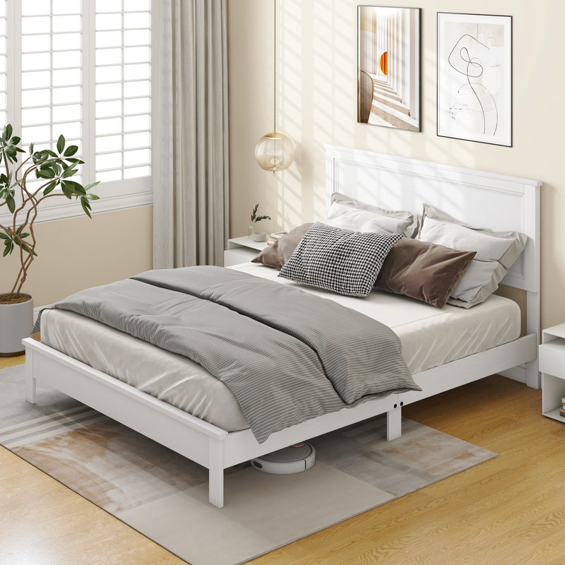 Queen Size Bed Frame Platform Slat High Headboard Bedroom with Rubber Wood Leg-White