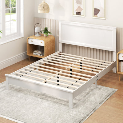 Queen Size Bed Frame Platform Slat High Headboard Bedroom with Rubber Wood Leg-White